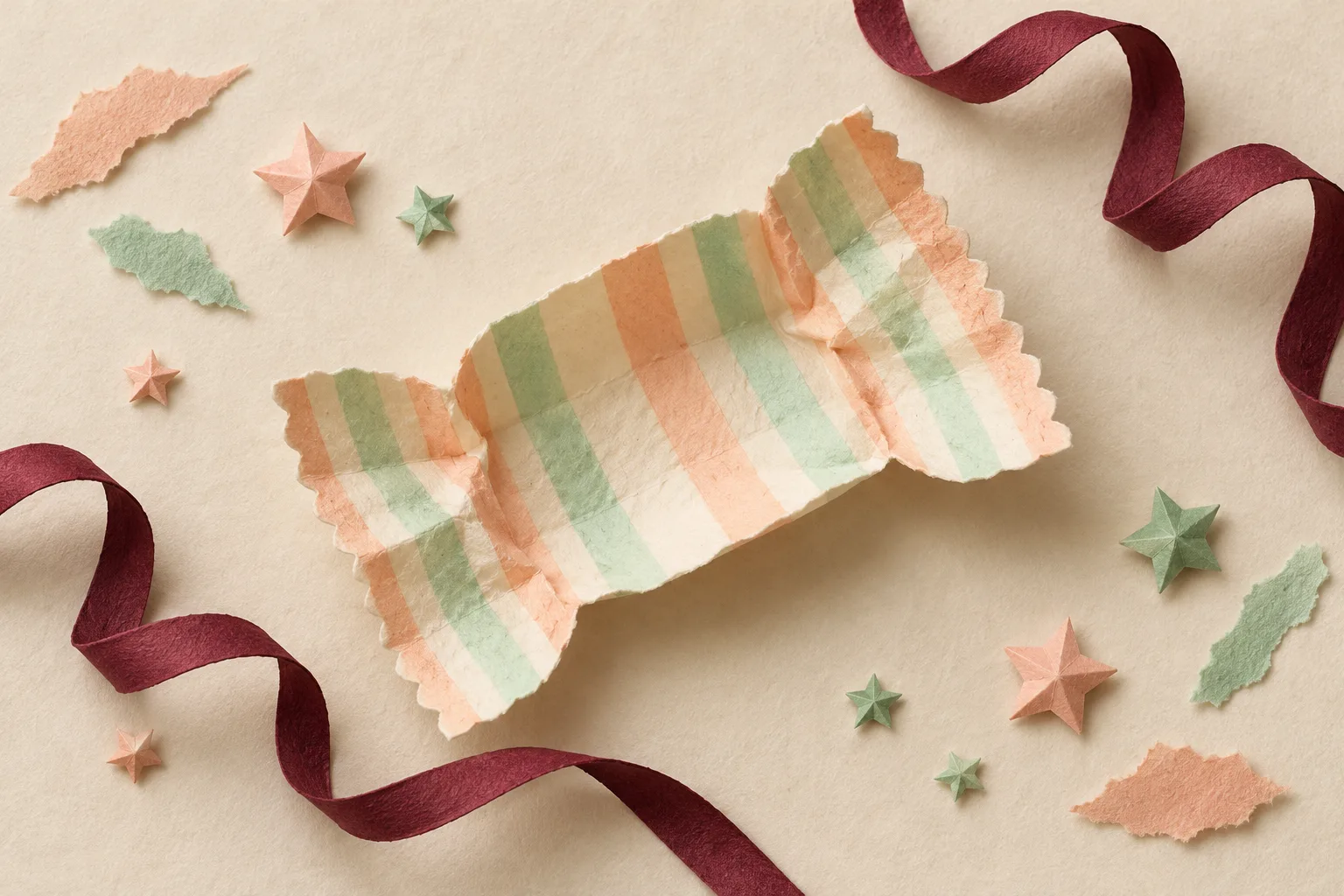 A folded striped paper sweet wrapper with torn pastel pieces, little paper stars and curling burgundy ribbon.
