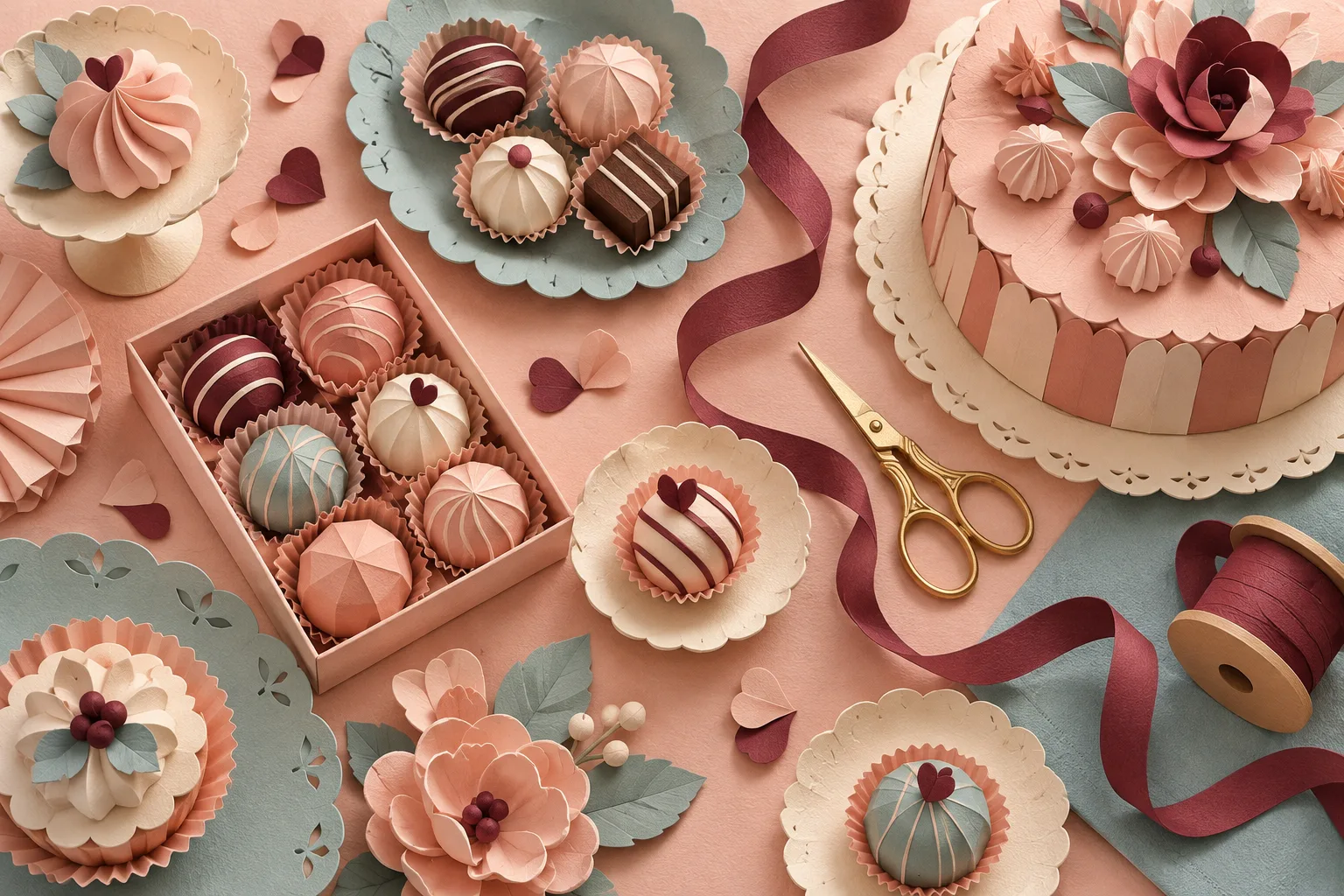 An overhead paper-craft worktable of scalloped cakes, folded bonbons, ribbon, cream doilies and gold-coloured craft scissors.