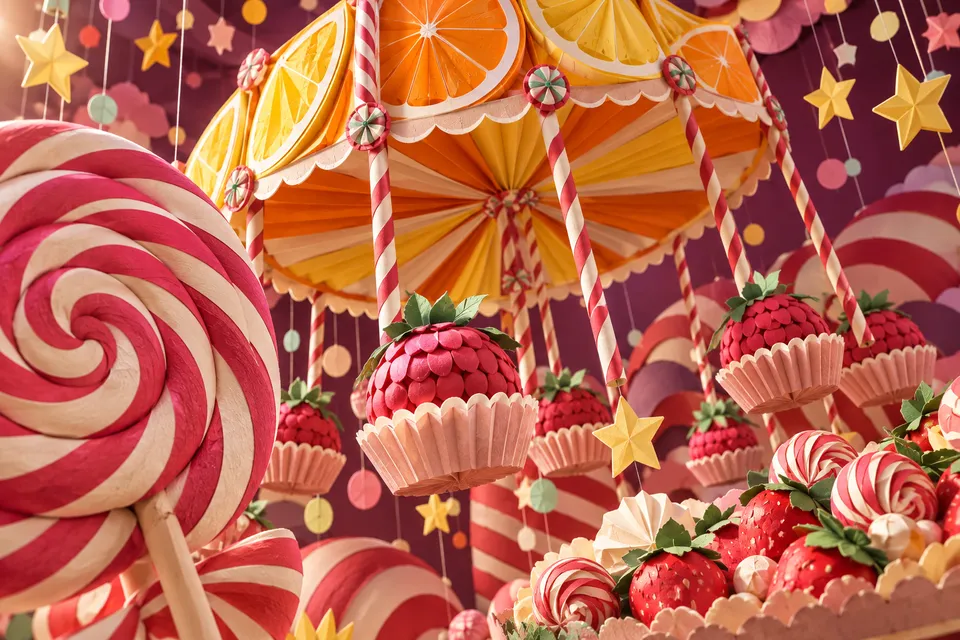 A handmade paper carousel with a pleated citrus canopy, strawberry bonbon seats, spiral lollies and hanging paper stars.