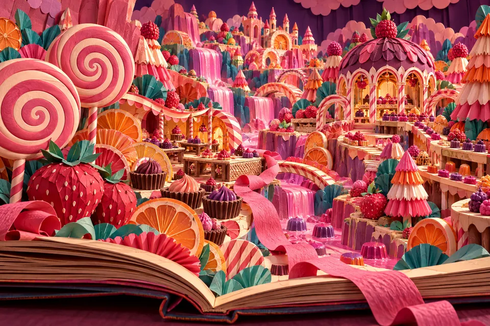 An open paper storybook unfolds into a vivid candy valley of giant lolly spirals, strawberries, citrus wheels and tiny confectionery workshops.