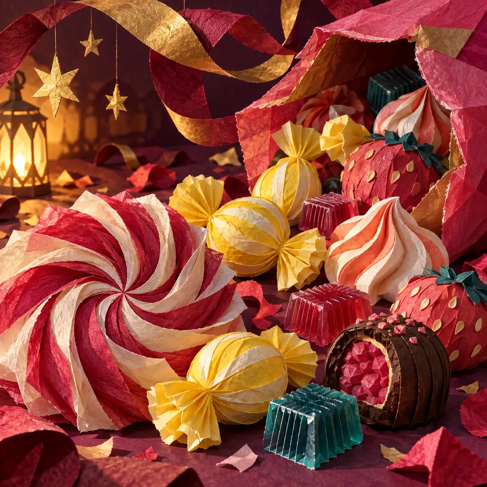 A lantern-lit pink paper parcel spills elaborate peppermint rosettes, lemon bonbons, strawberry sweets and folded jelly cubes.