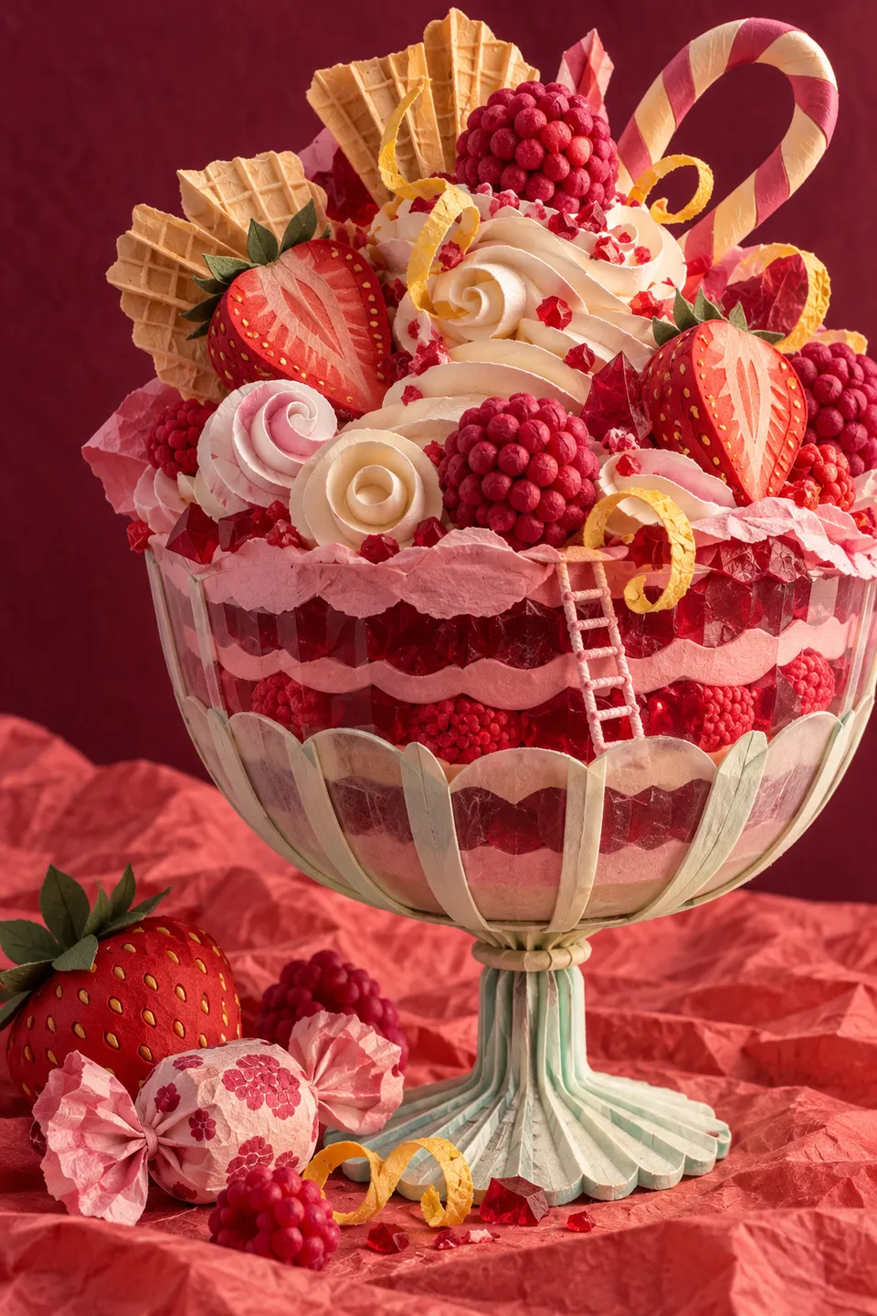 A tall paper parfait with scalloped raspberry layers, curled cream, folded wafers, large strawberries and a tiny candy ladder.