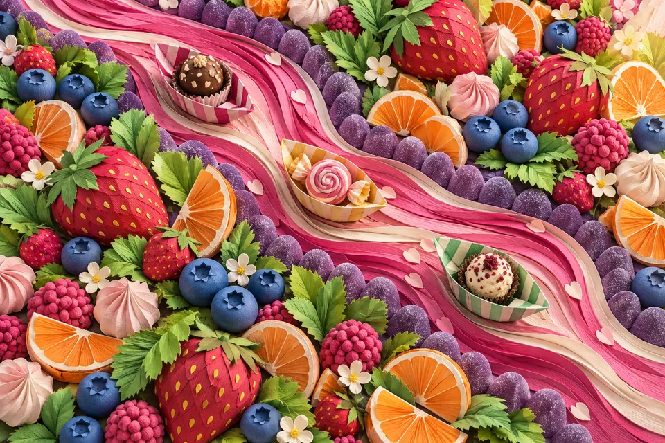 Three striped paper boats carry sweets along a winding pink ribbon river bordered by paper strawberries, citrus slices and purple gumdrops.